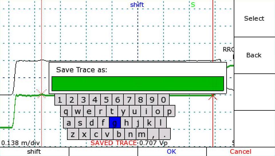 CT100 TDR onscreen keyboard for naming TDR saved traces